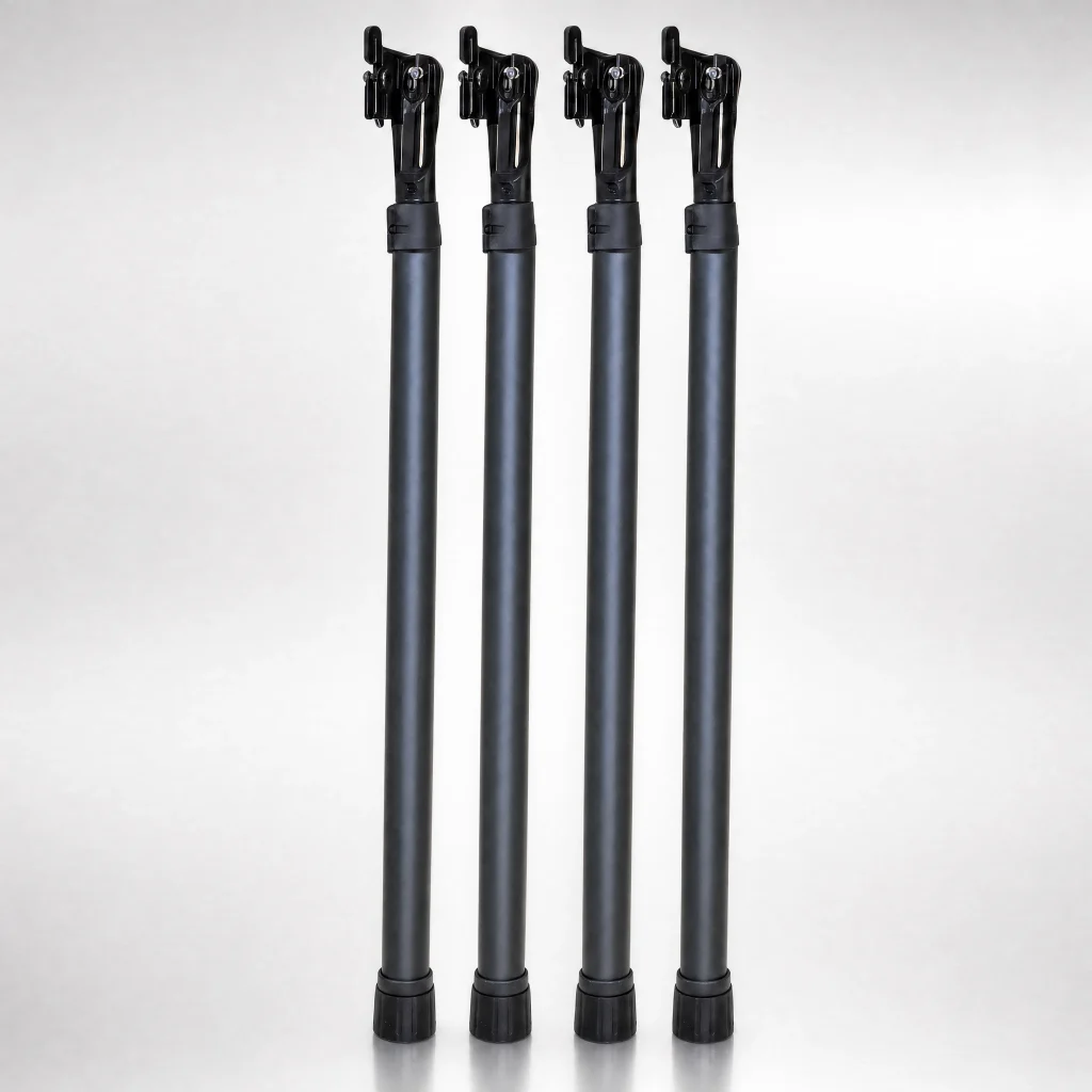 Four portable adjustable solar panel stand legs with quick-release clamps and rubber feet